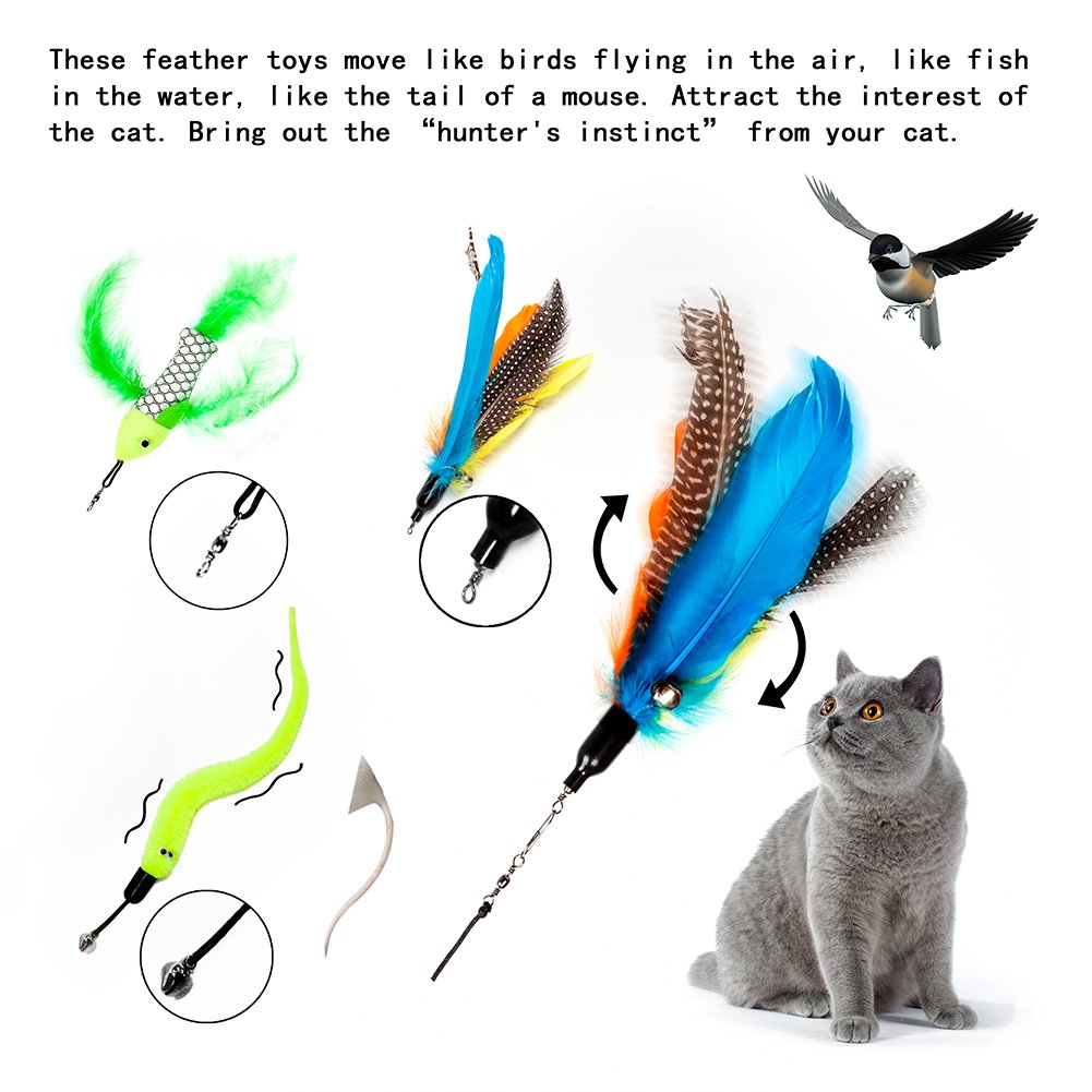 Cat Wand, Interactive Cat Toys Retractable Wand, Cat Feather Toy, Kitten Toys, 1 PCS Yellow Caterpillar Toy, 4 PCS Replacement Natural Feathers Toys, 1 PCS Carbon Fiber Telescopic Cat Teaser Wand