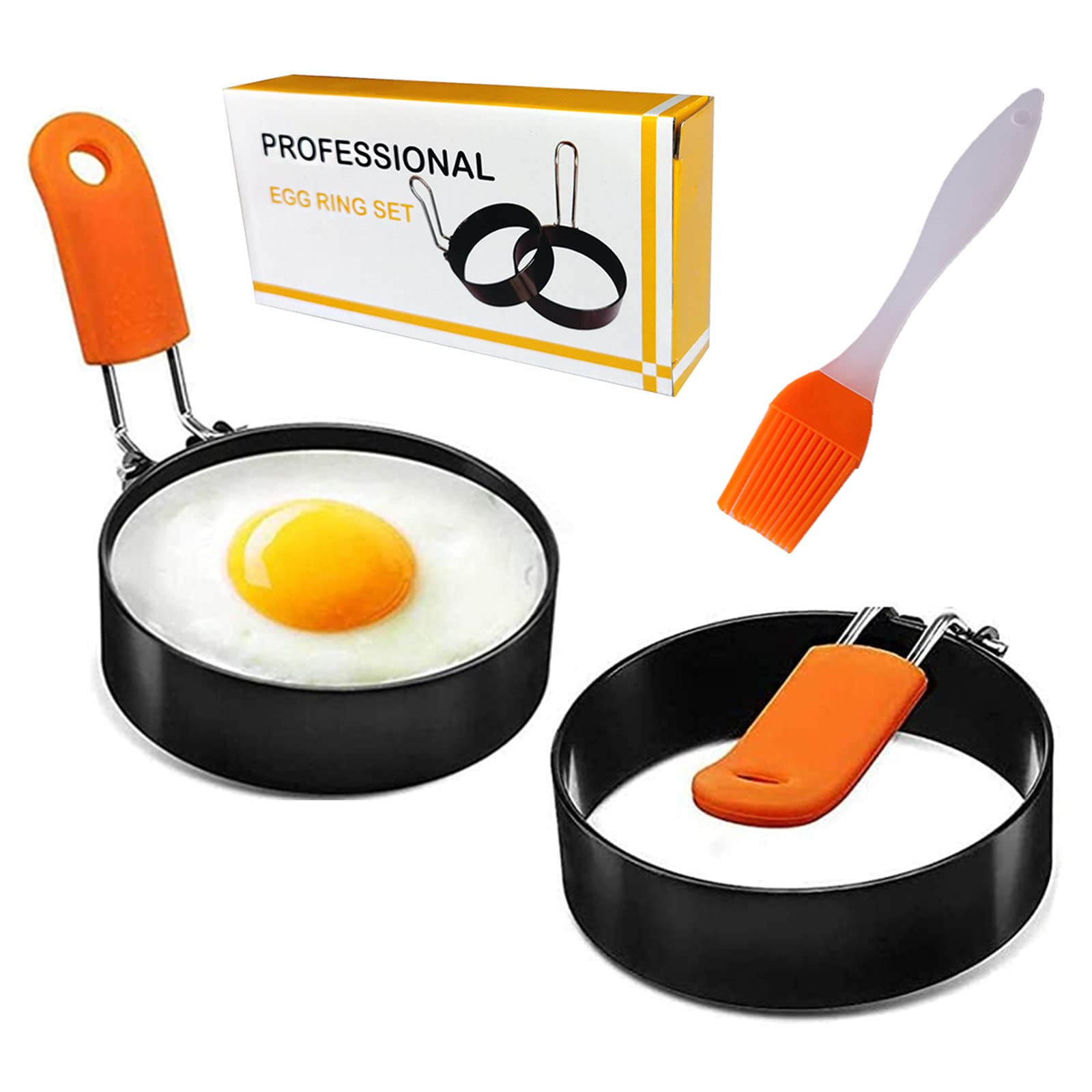 Egg Ring, Cozii 2 Pack Stainless Steel Egg Ring Molds with Anti-scald Handle and Oil Brush Non Stick Circles for Fried Egg McMuffin Sandwiches Frying, Breakfast Household Kitchen Cooking Tool Omelette
