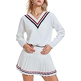 IUK Women's 2 Piece Tennis Skirt Set, V-Neck Long Sleeve Sweatshirt & High Waisted Pleated Skirt, Athletic Outfit for Golf