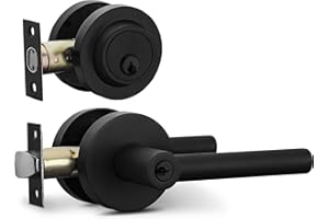 Berlin Modisch Entry Lever Door Handle and Single Cylinder Deadbolt Lock and Key Sleek Round Locking Lever Handle Set [Front Door or Office] Right & Left Sided Doors Heavy Duty – Iron Black Finish