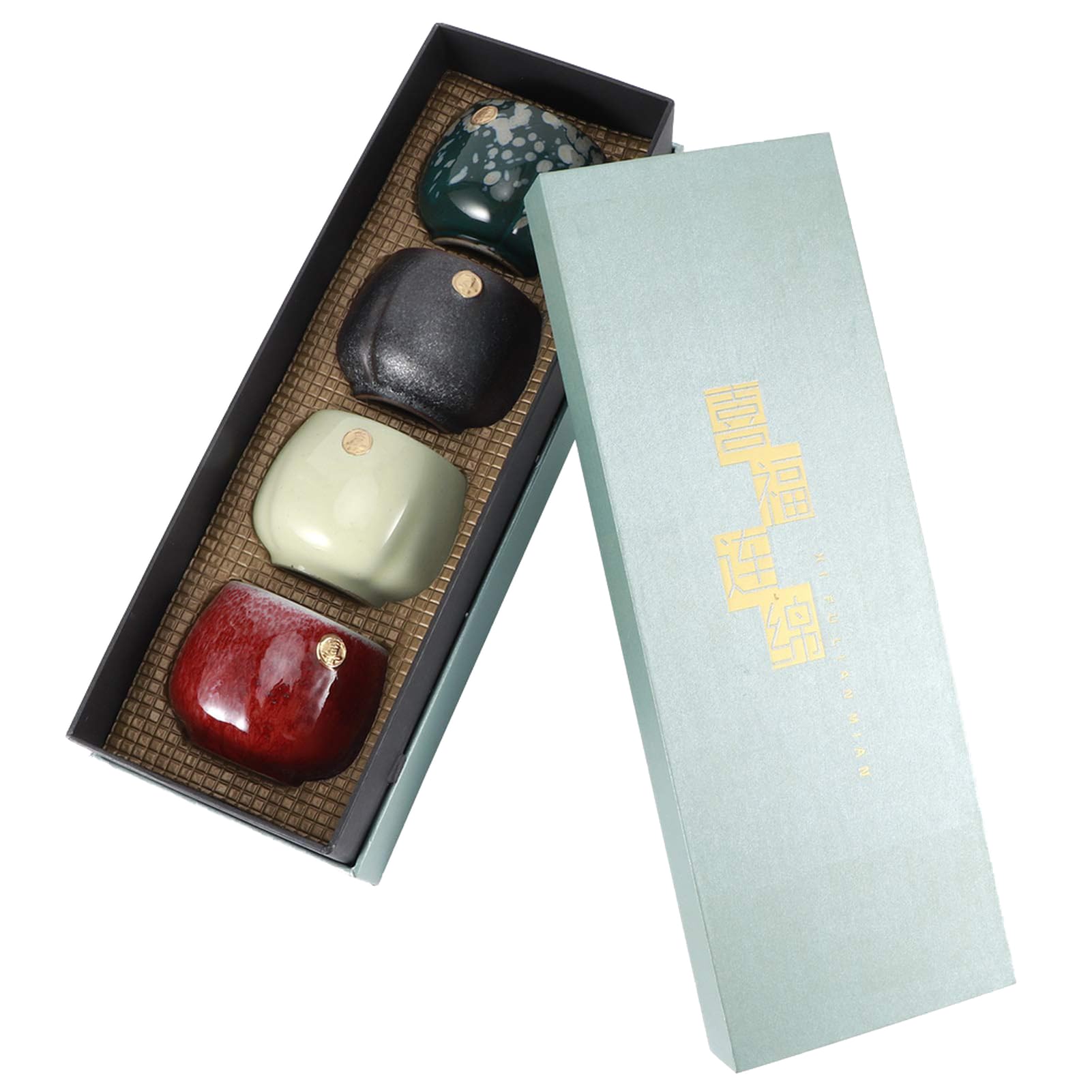 Zerodis 4pcs Retro Kiln Baked Tea Cup Set Japanese Ceramic Kung Fu Teaware Drinkware Coffee Mug Gift Box Set Holiday Gifts for Home Office Wedding(Type 1)