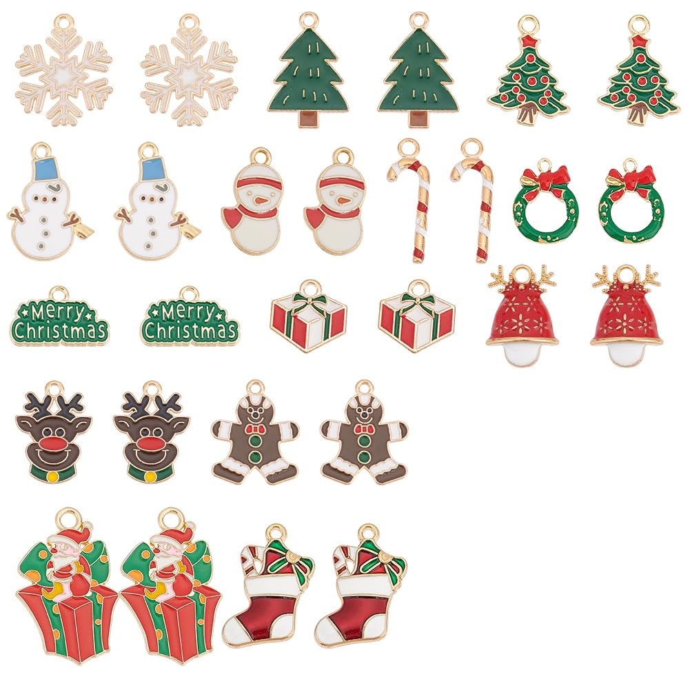 SUNNYCLUE 1 Box 56Pcs 16 Styles Christmas Charms Bulk Winter Snowflake Snowman Tree Candy Cane Gingerbread Man Enamel Charms for jewellery Making Charms Findings DIY Necklace Earring Adults Craft