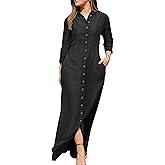YMING Womens Long Sleeve Button Down Shirt Dress Casual Solid Color Maxi Dresses Loose Fit Blouse Dress with Pockets