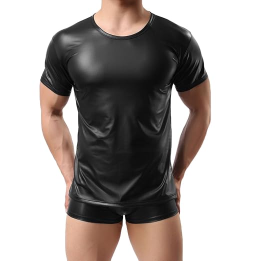 LAEMILIA Herr Mann Lackleder Shirt Hemd Wetlook Tank Kurzarm Unterhemd Reizwäsche Fitness (EU S, Schwarz)