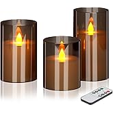 wemarry Flameless Candles 4" 5" 6" Set of 3 Acrylic Glass Pillars 3" Diameter Battery Operated Flickering Candles Include 8-Key Remote with Timer Function 400+ Hours (Gray, 3 Pack)