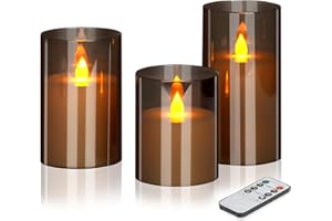 wemarry Flameless Candles 4" 5" 6" Set of 3 Acrylic Glass Pillars 3" Diameter Battery Operated Flickering Candles Include 10-Key Remote with Timer Function 400+ Hours (Gray, Warm Light 3 Pack)