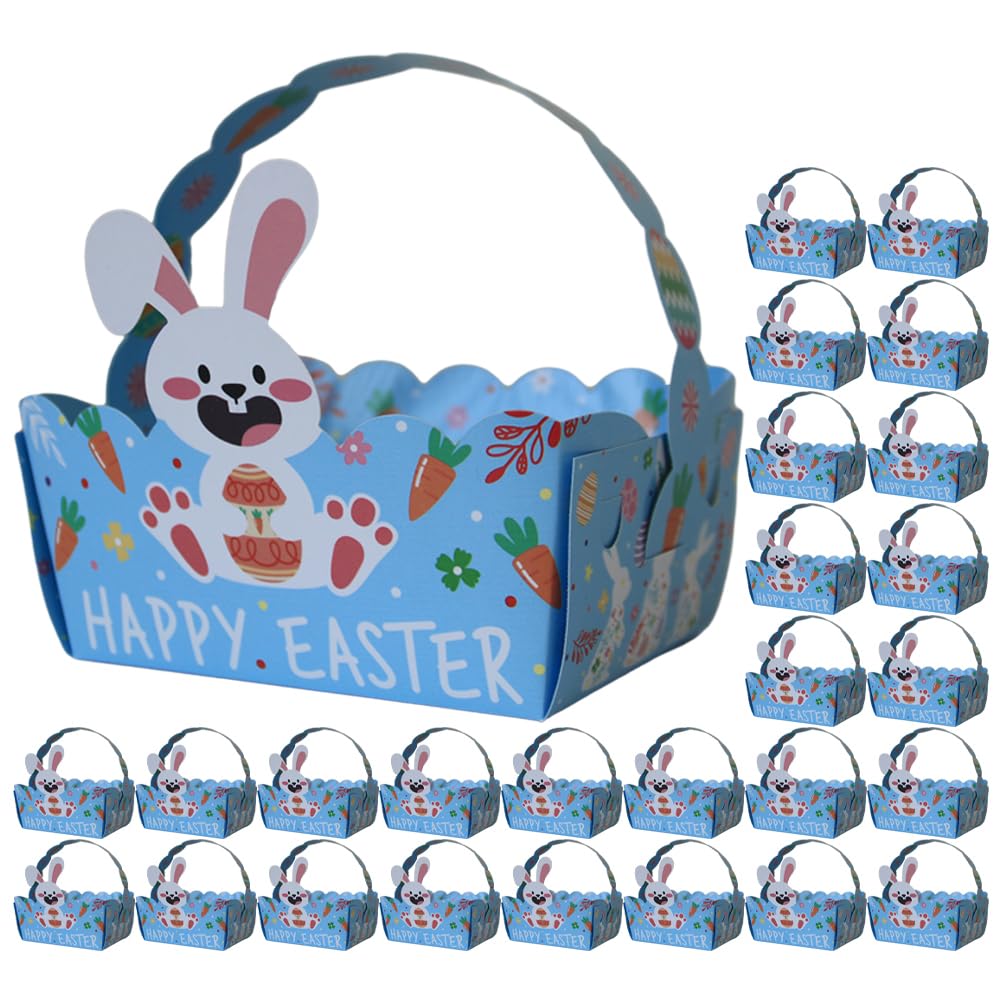 iplusmile 50pcs Mini Blue Paper Easter Baskets Bunny Rabbit Cardboard Candy Boxes with Handle, Easter-themed Decorative, 12.10X9.00X6.10CM