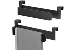Amawarm Over Door Towel Rack, Cabinet Towel Holder, Kitchen Towel Holder for Hand Towels, Dish Towels and Tea Towels, Towel Rack with Side Organizer Design, 2 Pack (Black)
