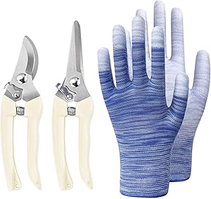 BUGUI Garden Pruning Shears Set (3 Pack) - Bypass Pruner+Straight Blade Scissors+Gardening Gloves, Ultra Lightweight Gardening Clippers for Cutting Flowers, Trimming Plants, Bonsai, Fruits Picking