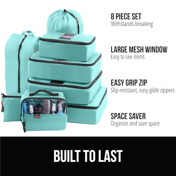 GORILLA GRIP 8 SET PACKING CUBES, TRAVEL ESSENTIALS FOR SUITCASE, MESH ORGANIZER BAGS FOR CLOTHES TOILETRIES SHOES LAUNDRY, LUGGAGE AND CARRY ON AIRPLANE ACCESSORIES, TRAVELING MUST HAVES TURQUOISE