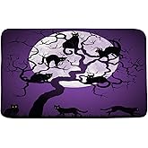 Halloween Bath Mat Black Cat Dead Tree Full Moon Witchy Spooky Halloween Gothic Night Purple Memory Foam Home Office Door Bathroom Decor Mat,17.8