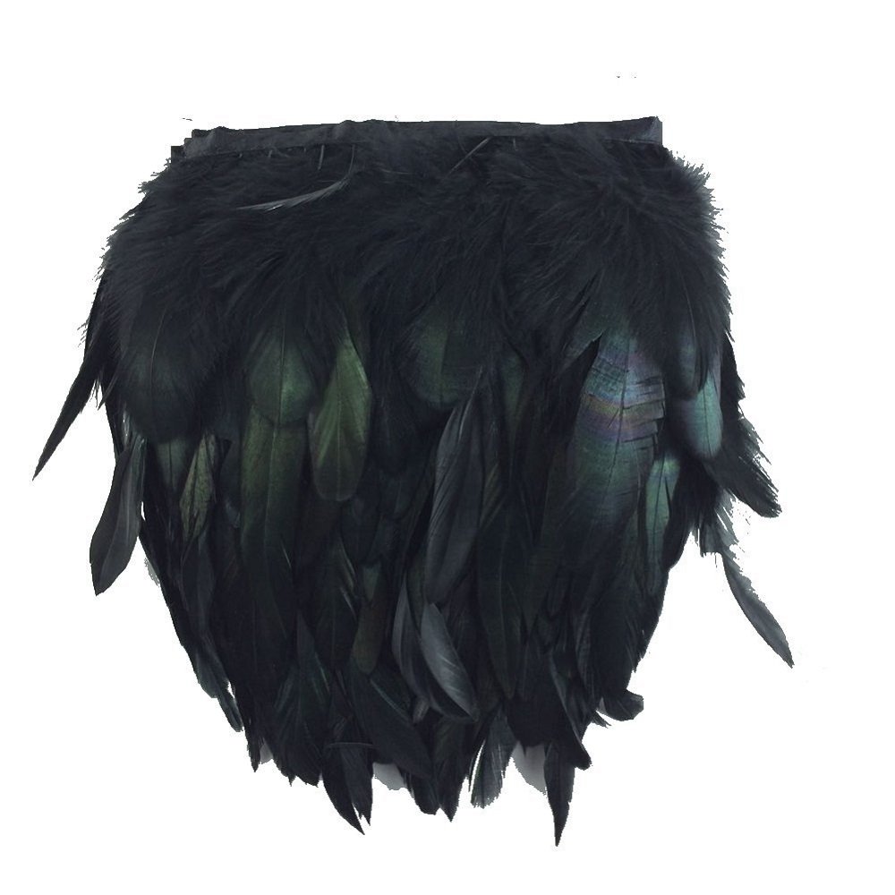 KOLIGHT Pack of 2m Natural Rooster Hackle Feather Trim Fringe 12-17cm in Width DIY Decoration (Black)