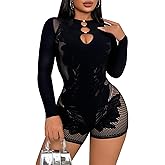 Women Sexy Mesh Lace Jumpsuit Long Sleeve Hollow One Piece Romper Rhinestone Club Party Outfits
