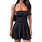 LOFAAC Women Sexy Strapless Tube Silk Mini Dress Y2K Ruched Waist Ruffle Layer Backless Flowy Party Bodycon Short Dress