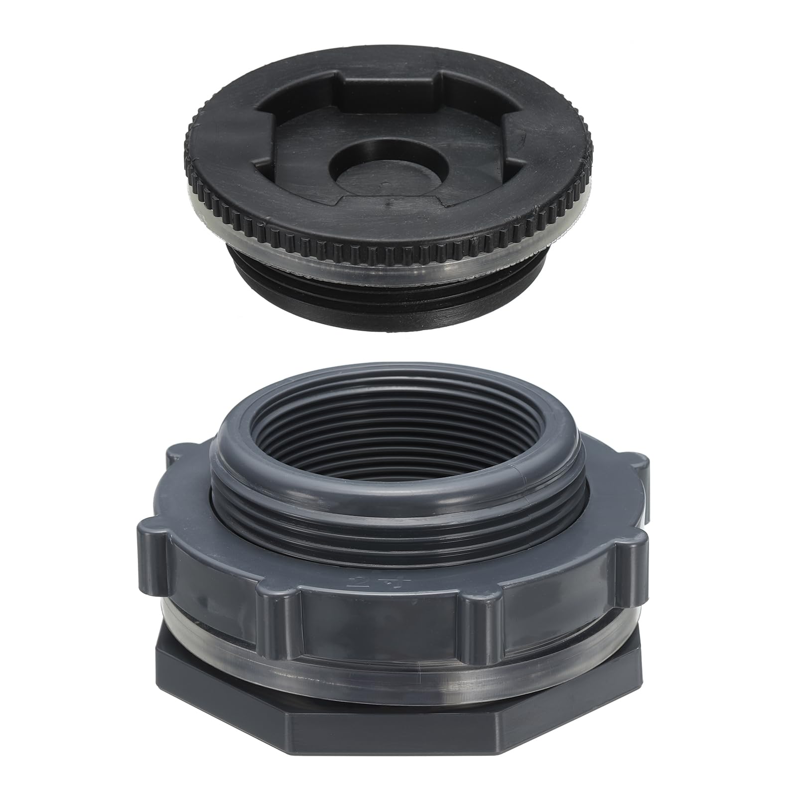 PATIKIL PVC Bulkhead Fitting with Plug g 2, Double Threaded Bulkhead Water Tank Connector with PVC Seal Gasket for Rain Bucket, Sinks, Aquariums, Grey