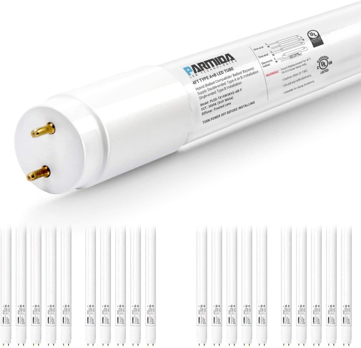 PARMIDA 20-Pack 4FT LED T8 Hybrid Type A+B Light Tube, 18W, Plug & Play or Ballast Bypass, Single-Ended OR Double-Ended Connection, 5000K, 2200lm, Frosted Cover, T8 T10 T12, Shatterproof, UL & DLC - - 