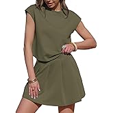 EXLURA Women Summer 2 Piece Sets Tennis Skirt Outfits Casual Cotton Cap Sleeve Tops Pleated Skorts Airport Travel Vacation