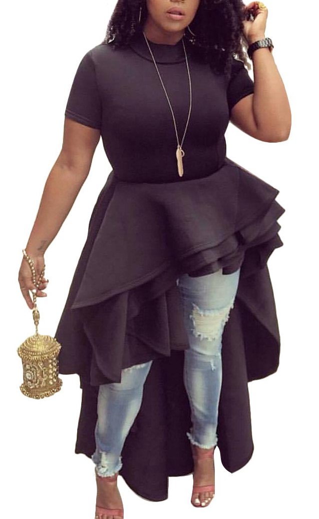 Women Ruffle High Low Asymmetrical Irregular Short Sleeve Tops Shirts Blouse Dress Blue L