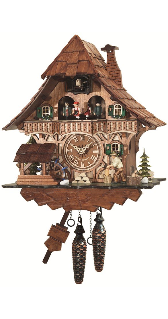 Engstler Quartz Cuckoo Clock Black Forest house with moving wood chopper and mill wheel, with music EN 496 QMT