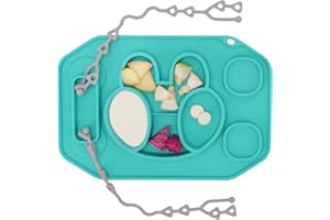 Hitseon Silicone Placemats for Kids, Non-Slip Food-Grade Silicone Toddler Placemat with 2 Straps, 4 Built-in Suction Cups Portable Baby Food Mat, Dishwasher Safe (Mint Green)