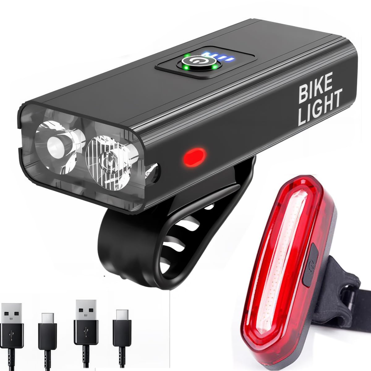 Bike Light Set,. USB Rechargeable,Powerful Bike Headlight (2 LED,2400Lm,6 Modes) & High Intensity 120 lumens Waterproof Rechargeable Bike rear Light,front and back bicycle light for Night Riding