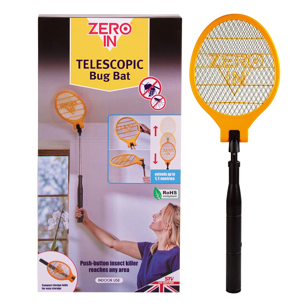 Zero In Telescopic Bug Bat Swatter Battery Powered Compactable, Foldable, Adjustable up to 1 Metre Length Kills Flying Insects on Contact, Suitable for Indoor and Outdoor Use