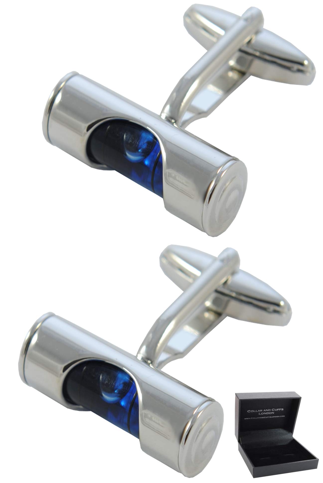 Cufflinks for Men + Presentation Box - Novelty - Working Spirit Level - Brass Metal Outer Casing - Brass Metal - Bubble DIY Builder Construction - Silver Colour With Navy Blue Interior - One Pair