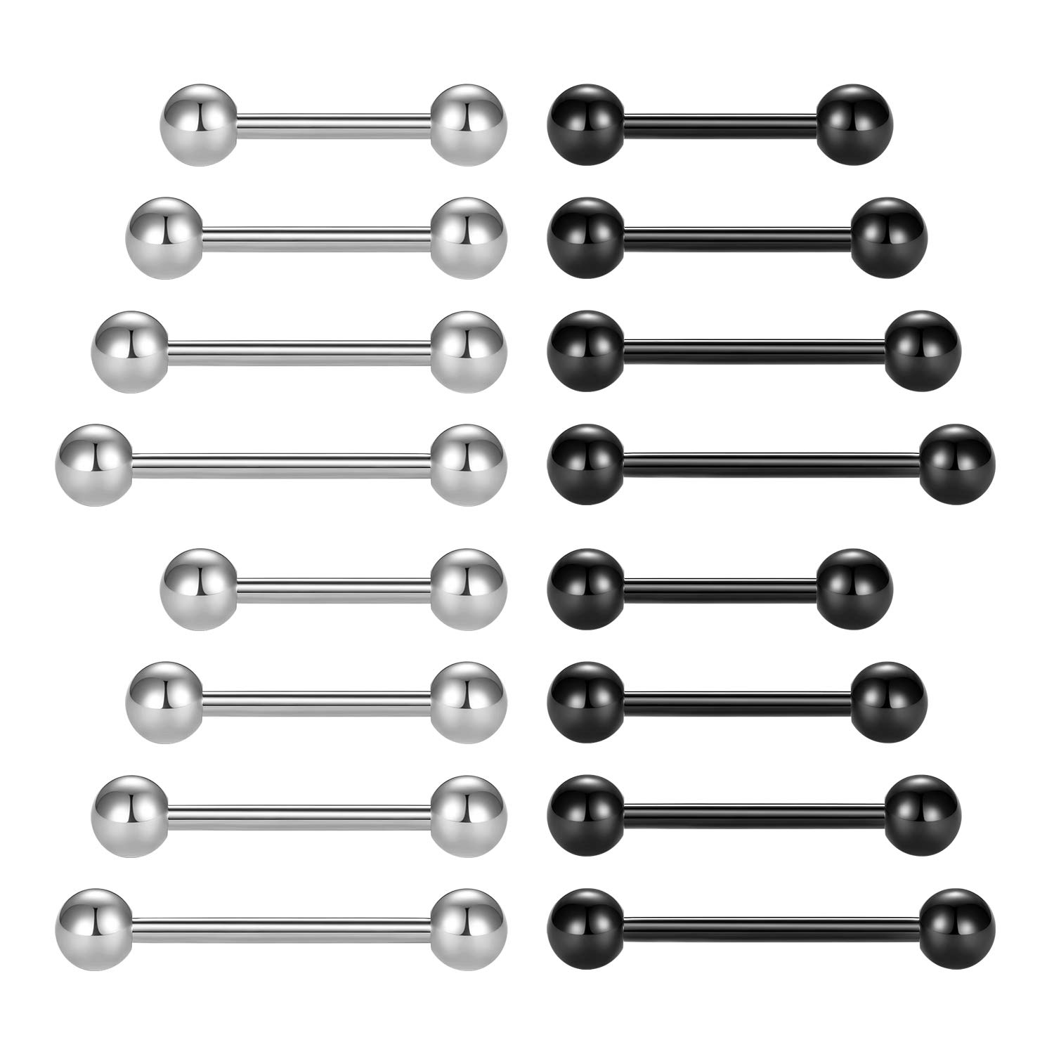 LAURITAMI 16pcs Tongue Bars 14G 12-18mm Straight Barbell Surgical Steel Tongue Nipple Ring Piercing Jewellery Women Men