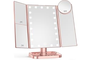 HUONUL Makeup Mirror Vanity Mirror with Lights, 2X 3X 10X Magnification, Lighted Makeup Mirror, Touch Control, Trifold Makeup Mirror, Dual Power Supply, Portable LED Mirror, Women Gift (Rose Gold)
