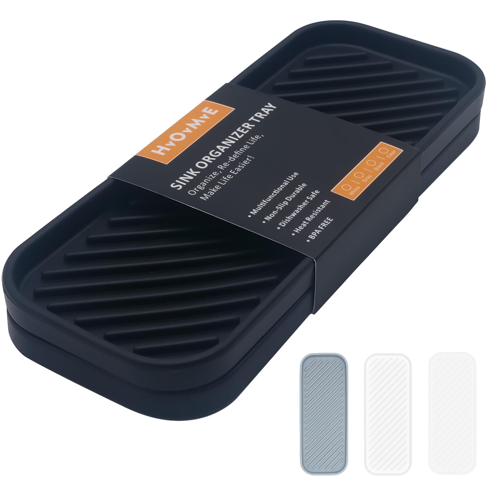 HvOvMvE Silicone Organiser Caddy, Kitchen Sink & Bathroom Holder for Sponge, Dish Brush and Soap Dispenser (Black 2 Pack, 23.5x9.2cm)