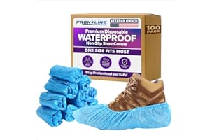 Frontline Shoe Covers Disposable Waterproof, Recyclable Premium Thick Plastic, SLip Resistance, Durable, Booties for Shoes, XL One Size Fits Most, Indoor Outdoor Shoe Covers (100)
