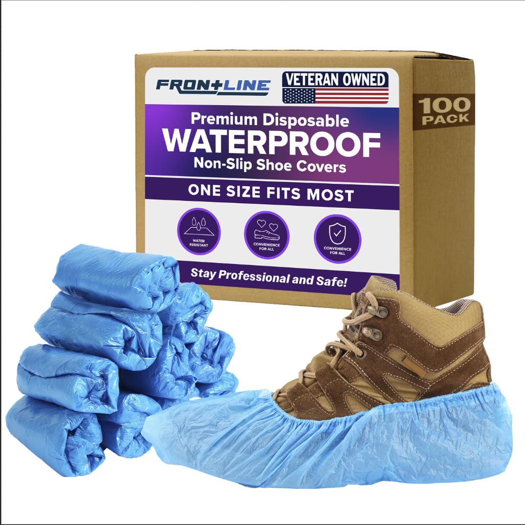 Photo 1 of 100 Pack Waterproof Shoe Covers Disposable, Premium Non-Slip Recyclable CPE Shoe Covers Protectors for Indoors, Durable, Booties, One Size Fits Most, Fits up to Size M Blue