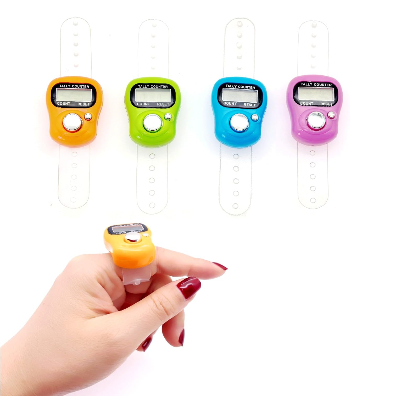 JZK 4x LCD display digital finger tally counter clicker, electronic stitch counter for knitting, crochet row counter ring, plastic mini manual clicker counter