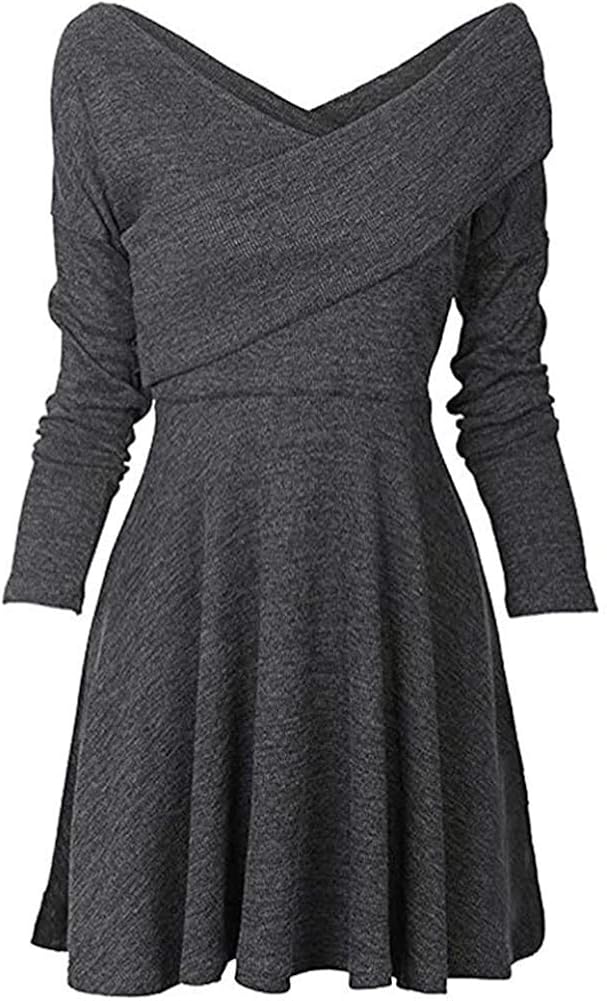 Women's Autumn Winter Knit Dress Casual Long Tunic Dress Basic V Neck