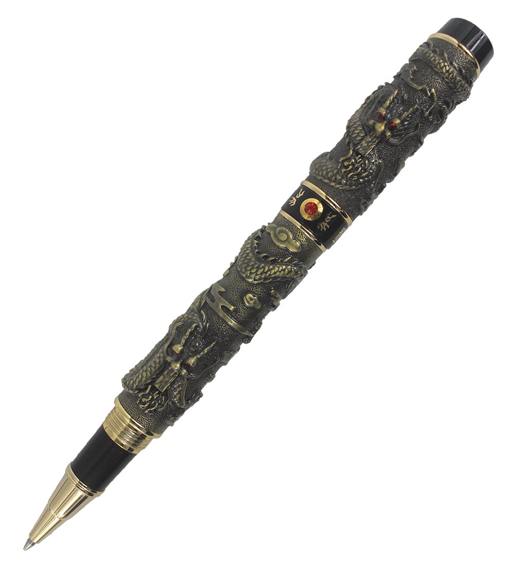 Abcsea Double Classical Chinese Dragons Playing Exquisite Carvings 3D Rollerball Pen - Bronze & Black