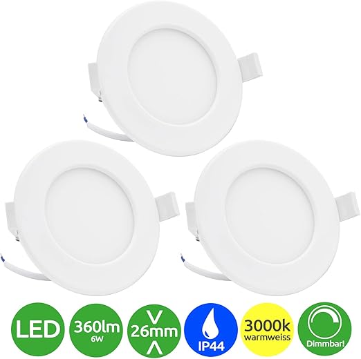 Lumare Led Einbaustrahler Dimmbar 6w 230v Ip44 Ultra Flach 3er Set Wohnzimmer Badezimmer Einbauleuchten Weiss 26mm Einbautiefe Mini Slim Decken Spot Warmweiss Amazon De Beleuchtung