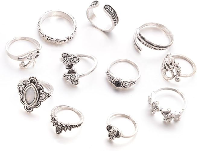 Amazon Ruikey 11pcs 象と葉の輪 セットリング ビンテージリング ファッションリング レディース 指輪 レディース 人気 ー 記念日誕生日 バレンタイン プレゼント シルバー リング 通販