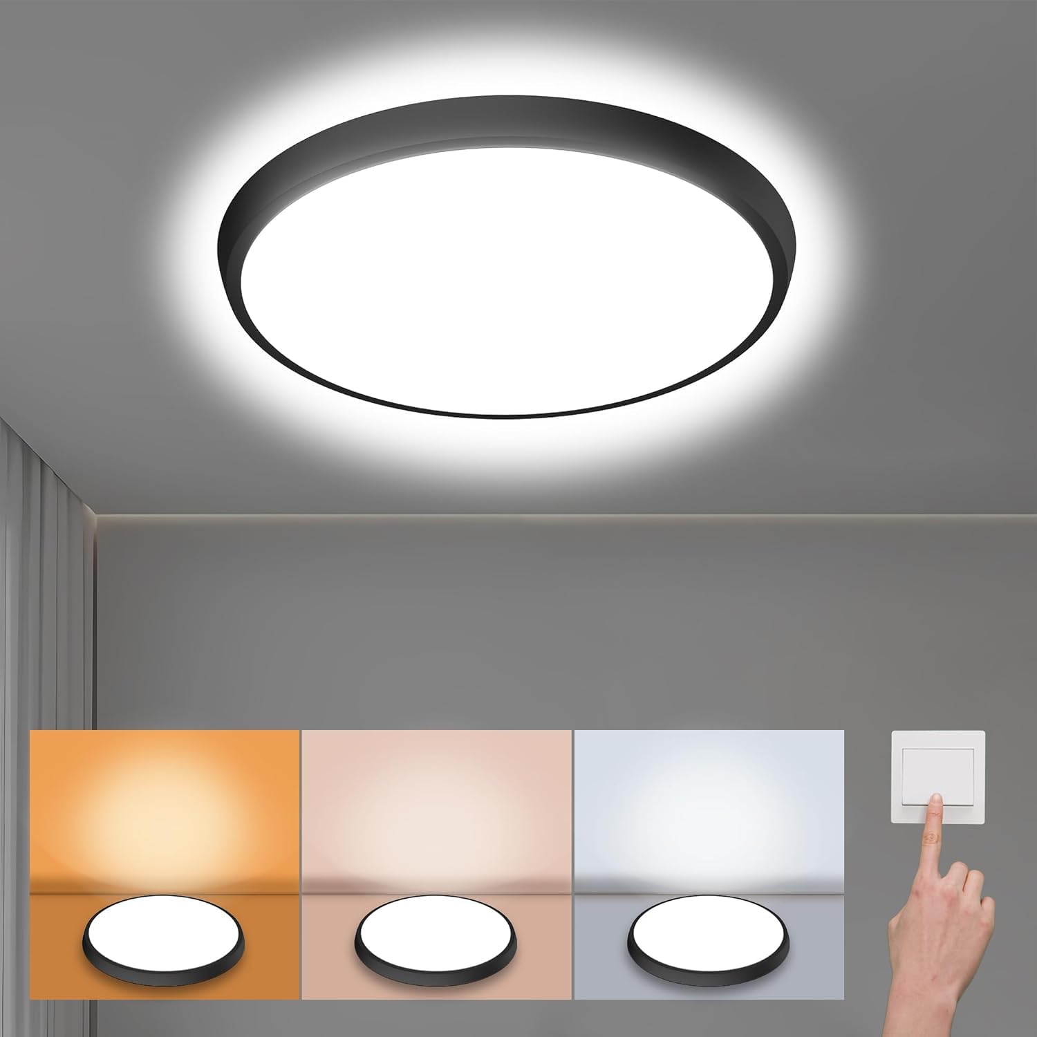 Photo 1 of 12 inch Flush Mount LED Ceiling Light Fixture, 3000K/4500K/6500K Selectable Ceiling Lights, Ultra Thin Round Black Ceiling Lamp for Living Room, Bedroom, Kitchen, Bathroom, Hallway, Non-dimmable