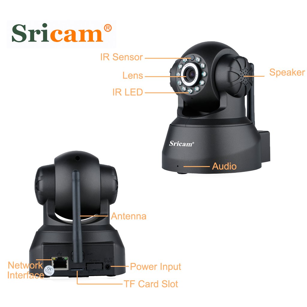 Sricam SP012 - Cámara Ip de Vigilancia (720P, H.264, Wifi, Onvif, P2P, Coms, IR-LED, CCTV, TF, Sin conexión de PC, Todas funciones por APP, para Seguridad) (Negro)