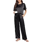 Nanxson Womens Satin Pajama Nightwear 2 Piece Loungewear with Pockets Soft Sleepwear Silky Short Sleeve Shirt with Long Pant