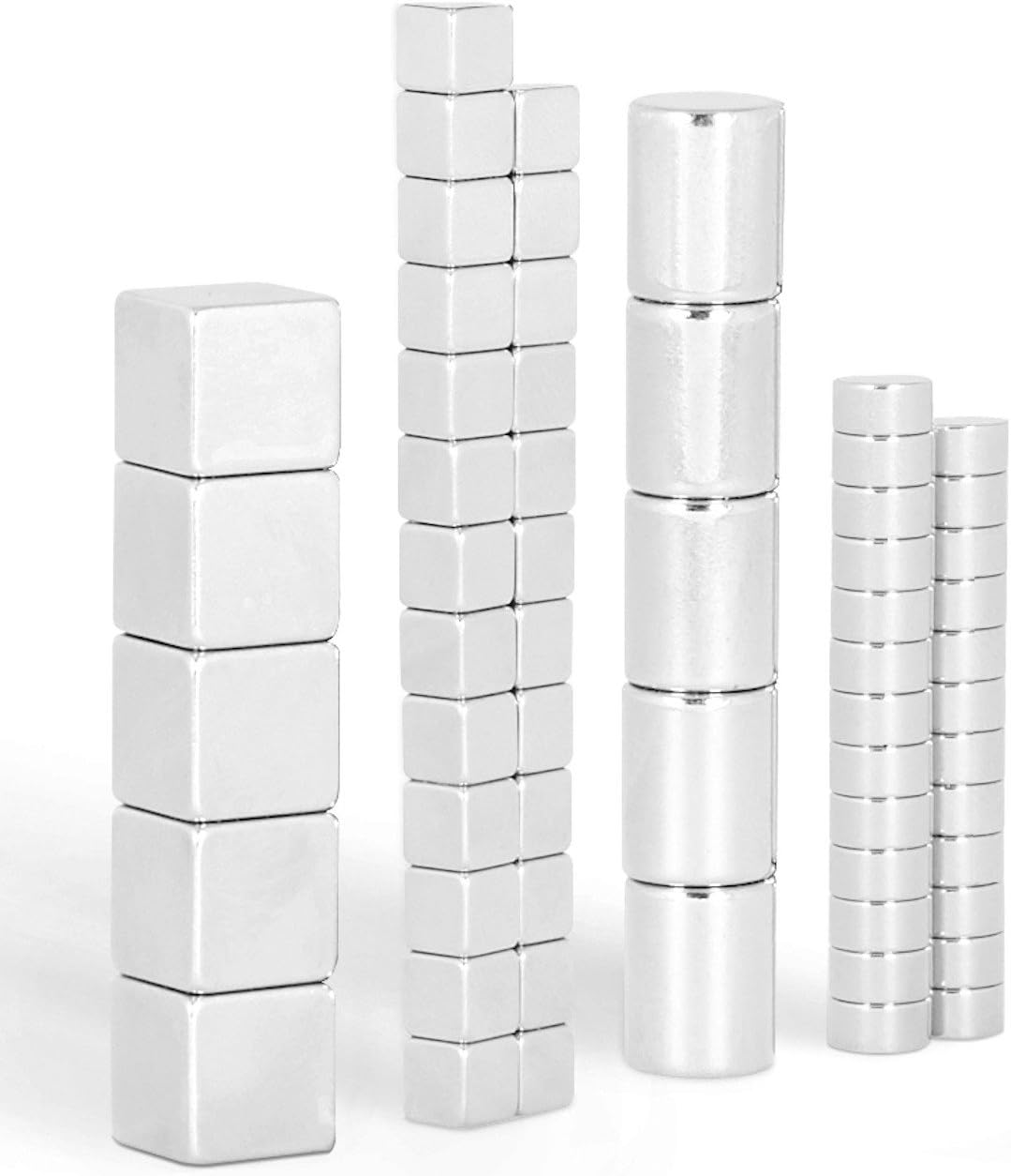 Magnet Mix Set - 60 Super Strong Mixed Neodymium Magnets / 5 Cubes (10mm) + 5 Cylinders (8x10mm) + 25 Discs (6x3mm) + 25 Cubes (5mm) / Ideal for Whiteboards and Glass magnetic boards