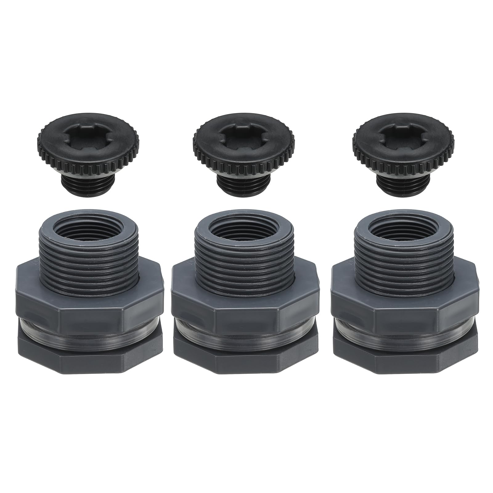 PATIKIL PVC Bulkhead Fitting with Plug G 3/4, 3 Pcs Double Threaded Bulkhead Water Tank Connector with PVC Seal Gasket for Rain Bucket, Sinks, Aquariums, Grey