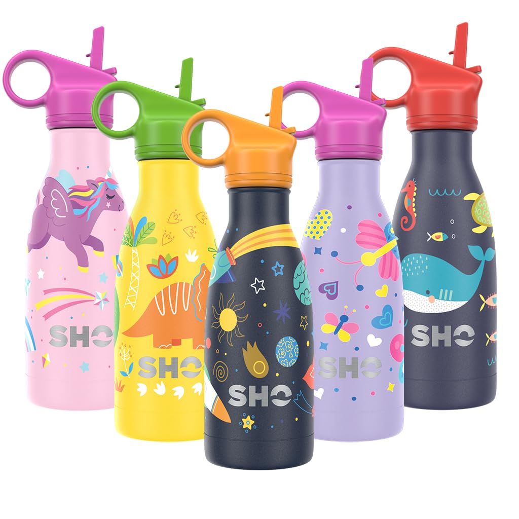 SHO Kids Bottle - Original 2.0 - Ultimate Insulated, Double Walled Stainless Steel Vacuum Flask & Water Bottle - 12 Hours Hot & 24 Hours Cold - 260ml - BPA Free (260ml, Space with Straw Lid) — image 1