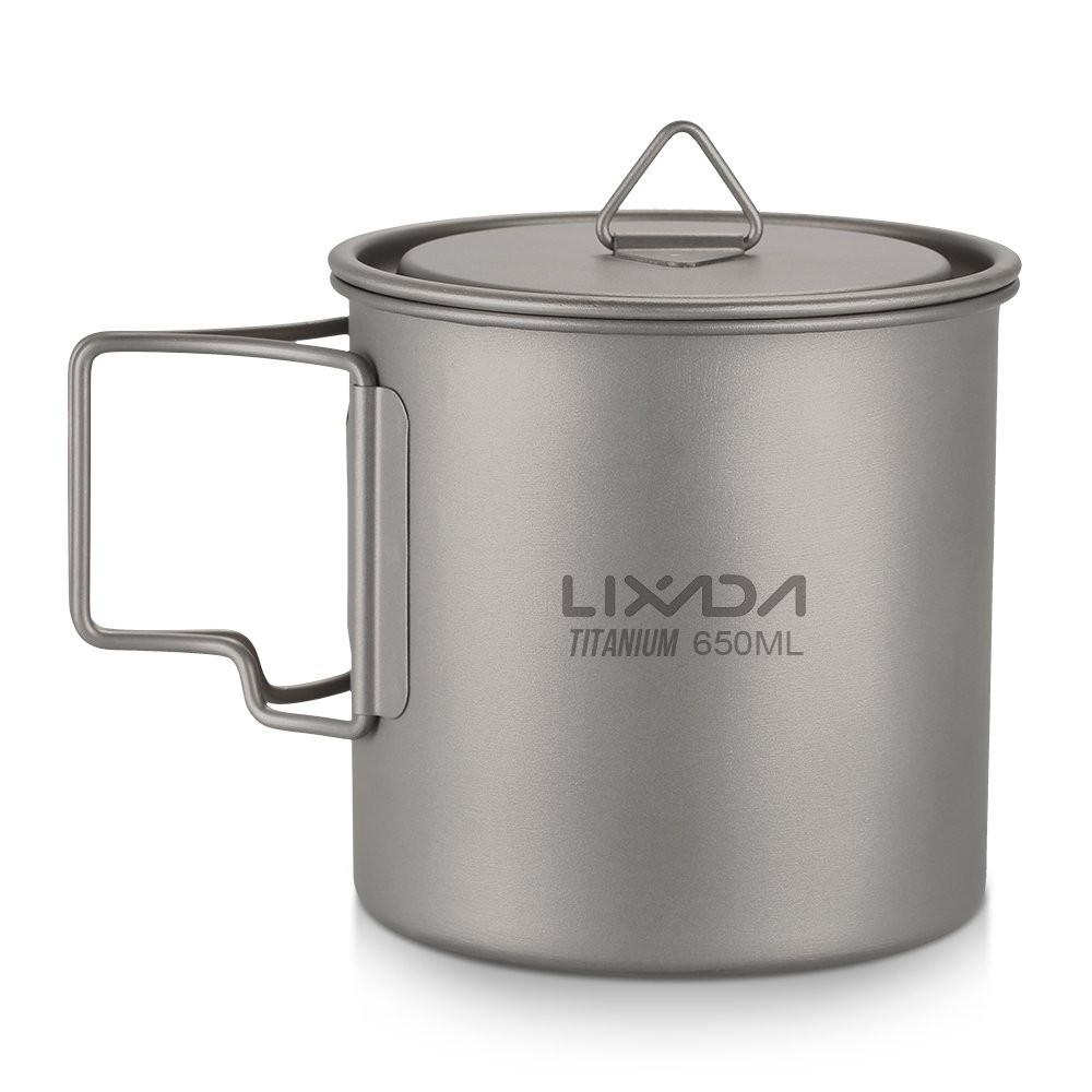Lixada Ultralight Titanium Portable Titanium Water Cup with Lid and Folding Handle Outdoor Camping Kitchen Picnic