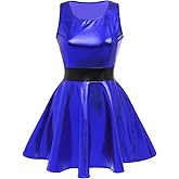 IBAKOM Women Shiny Metallic Skater Dress Disco Dance 80s Holographic Dress Hallowen Cosplay Outfits Wet Look Pleated Dress