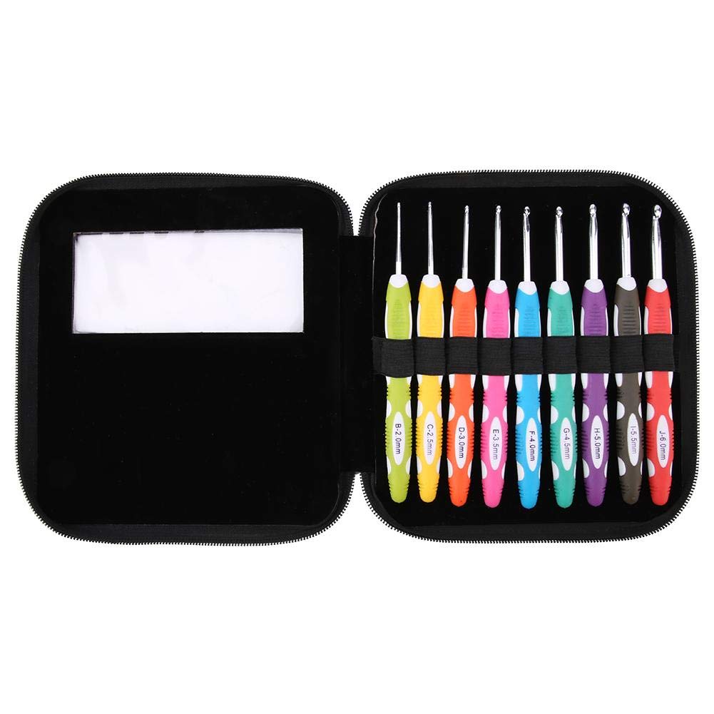 9PCS Professional Crochet Hooks Kit Ergonomic Comfort Grip Plastic Handle Aluminum Crochet Tools for Beginners Handmade Crafting Weaving Accessories