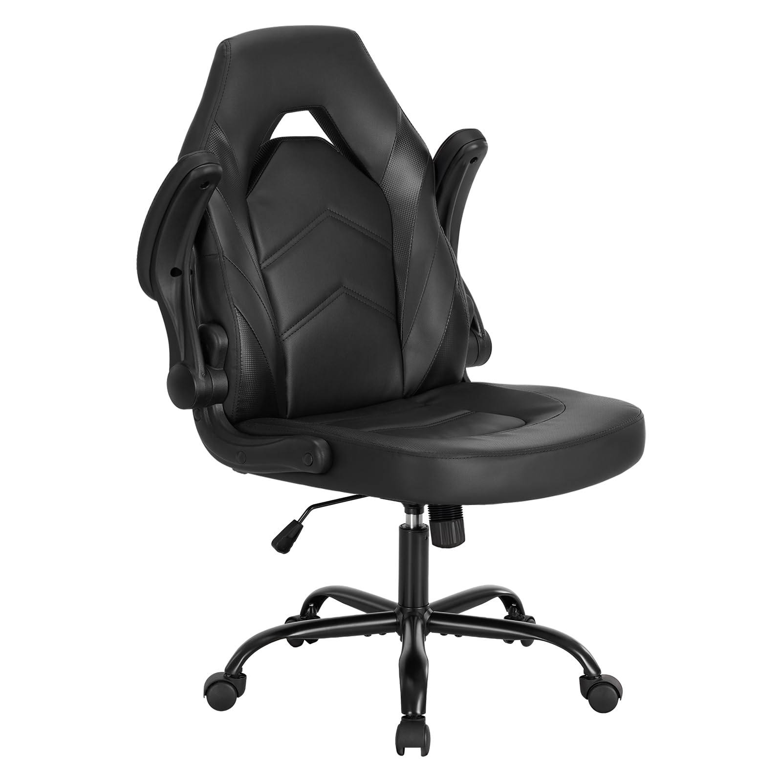 Sweetcrispy Computer Gaming Desk Chair - Big Tall Ergonomic Lumbar Support with Flip-up Armrest and 360° Swivel Wheels, PU Leather Height Adjustable, for Home and Office, Black Image