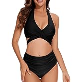 Womens High Waisted Bikini Sets Ruched Tummy Control Bathing Suits V Neck Cute Halter 2 Piece Swimsuits