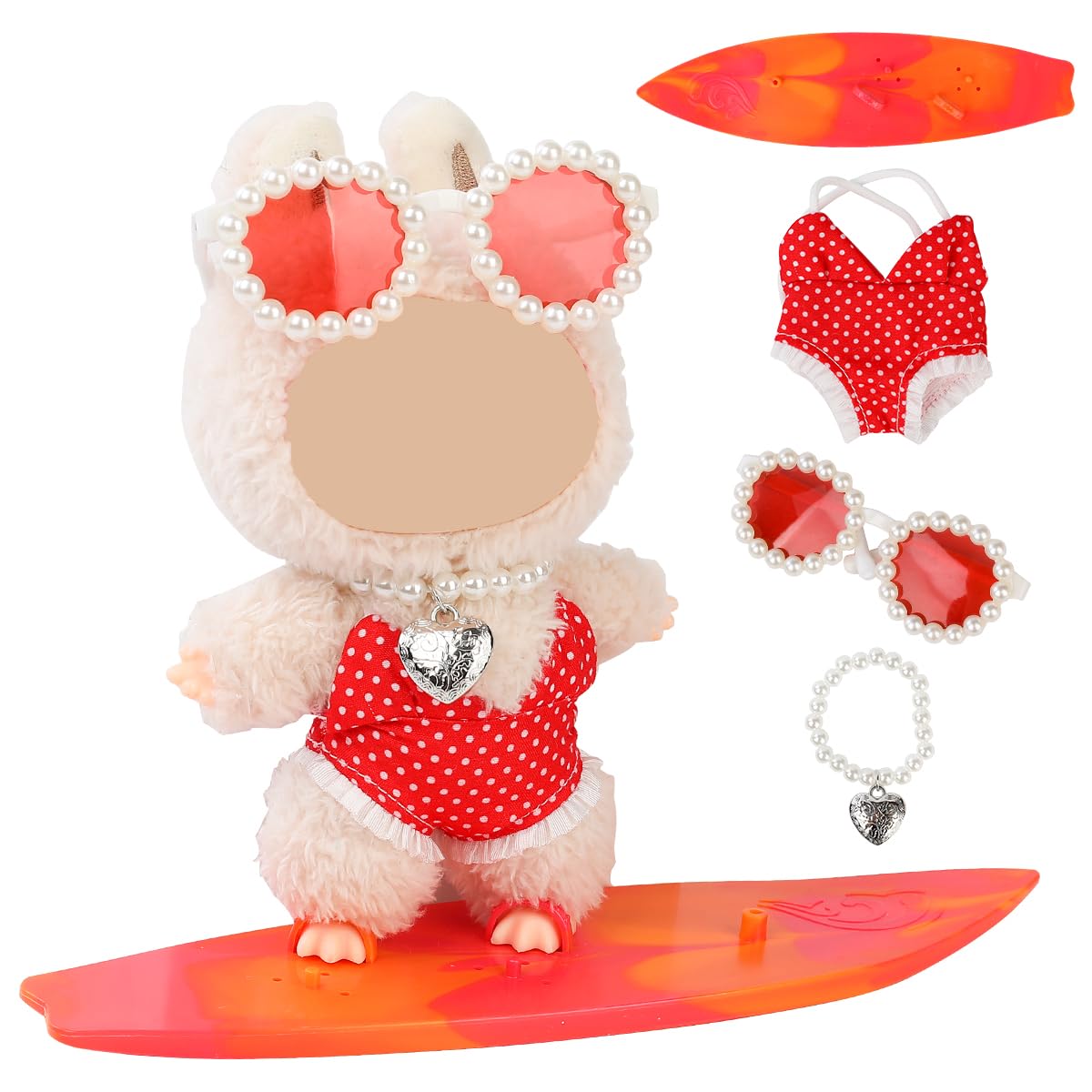 LEWOTE Clothes Set Compatible for Labubu Doll, Hat Suit Ornaments Accessories Set for 17cm/6.7inch Doll (Red Swimsuit/Surfboard/Necklace/Glasses)