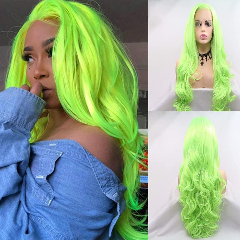 xiweiya Neon Green Wave Real Hair Wig Fluorescent Green Handmade Synthetic Lace Front Wigs for Women Long Body Wave Preplucked Hairline Replacement for Cosplay Party 24inch